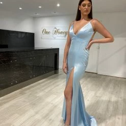 NEW ARRIVALS Honey Couture MILEE Baby Blue Low Back Mermaid Evening Gown Dress W Leg Split