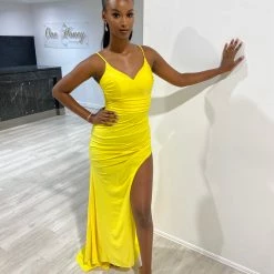 Honey Couture ZURI Neon Yellow Corset Ruched Formal Gown Dress NEW ARRIVALS