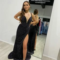 Honey Couture MARGOT Black Bustier Glitter Velour Corset Mermaid Formal Dress NEW ARRIVALS