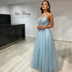 NEW ARRIVALS Honey Couture INEZ Baby Blue Tulle Lace Gown Formal Dress