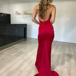 Honey Couture JODIE Red Halter Satin Mermaid Evening Gown Dress NEW ARRIVALS