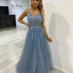NEW ARRIVALS Honey Couture DEMIKA Smokey Blue 3D Flowers Tulle Formal Gown Dress