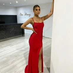 Honey Couture ELANA Red Diamante Bustier Lace Up Formal Dress