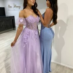 NEW ARRIVALS Honey Couture BLOOM Lilac Purple Bustier Lace Applique Tulle Formal Dress