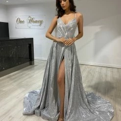 Honey Couture Made To Your Measurements Honey Couture TAHLIA Glitter Fabric Corset Lace Up Back Formal Dress