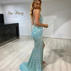 NEW ARRIVALS Honey Couture ROXY Green Tie Up Corset Back Sequin Mermaid Evening Gown Dress