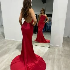 Honey Couture CANDICE Red Silky Low Back Mermaid Formal Dress 9 Honey Couture CANDICE Red Silky Low Back Mermaid Formal Dress