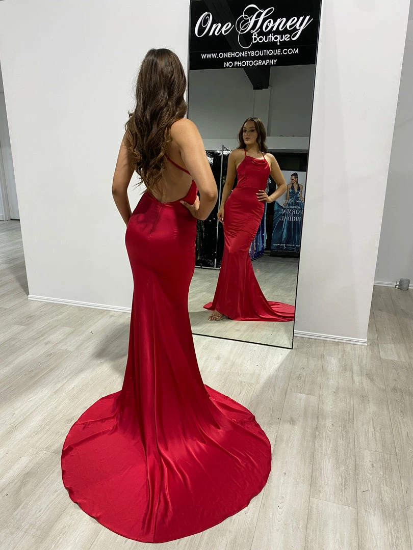 Honey Couture CANDICE Red Silky Low Back Mermaid Formal Dress 5 Honey Couture CANDICE Red Silky Low Back Mermaid Formal Dress