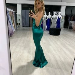 Honey Couture CHARLI Emerald Green Bow Feature One Shoulder Mermaid Formal Dress