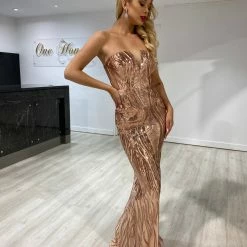 NEW ARRIVALS Honey Couture GWEN Gold Sequin Strapless Formal Dress