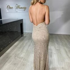 Honey Couture KAIA Champagne Gold Sequin Bum Ruching Low Back Dress NEW ARRIVALS