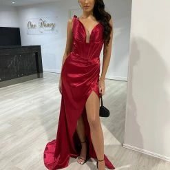 Honey Couture Made To Order Honey Couture SASHA Burgundy Satin Corset Leg Split Formal Dress