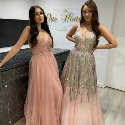 Honey Couture VIANNE Blush Pink Glitter Tulle Formal Dress