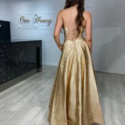 Honey Couture ADORA Gold Metallic Shimmer Lace Up Corset Back Formal Gown Dress NEW ARRIVALS