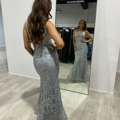 NEW ARRIVALS Honey Couture CAROLINE Silver Mesh Glitter Formal Gown Dress