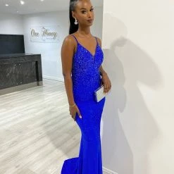 NEW ARRIVALS Honey Couture MARISE Royal Blue Diamante Feature Mermaid Formal Dress