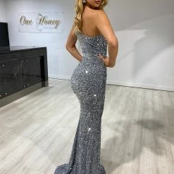 Honey Couture ADRIANNA Silver Sequin One Shoulder Mermaid Formal Dress NEW ARRIVALS