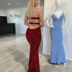 NEW ARRIVALS Honey Couture DENISE Red Sequin Cut Out Strapless Mermaid Evening Dress