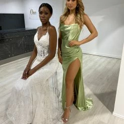 Honey Couture VALENTINA Off White Sequin Corset Mermaid Formal Gown Dress