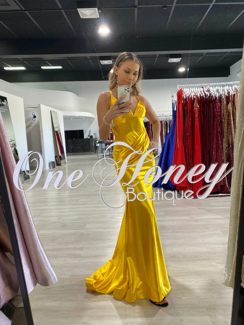 NEW ARRIVALS Honey Couture COCO Yellow Low Back Bum Ruching Mermaid Formal Dress 8 NEW ARRIVALS Honey Couture COCO Yellow Low Back Bum Ruching Mermaid Formal Dress