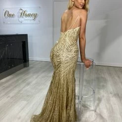Honey Couture ISABELLA Gold Sequin Mermaid Formal Gown Dress NEW ARRIVALS