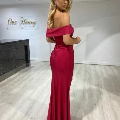 Honey Couture LAILA Burgundy Off Shoulder Silky Formal Dress