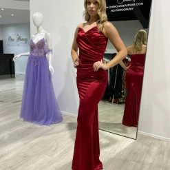 NEW ARRIVALS Honey Couture AZALIA Burgundy Silky Bustier Strapless Mermaid Formal Dress