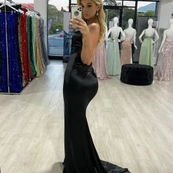 Honey Couture SAMARA Black Knot Feature Low Back Silky Mermaid Formal Gown