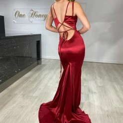 Honey Couture IMOGEN Burgundy Low Back Mermaid Formal Dress