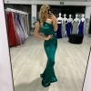 Honey Couture CHARLI Emerald Green Bow Feature One Shoulder Mermaid Formal Dress