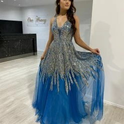 Honey Couture VIANNE Peacock Blue Glitter Tulle Formal Dress NEW ARRIVALS