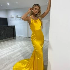 Honey Couture CANDICE Yellow Silky Low Back Mermaid Formal Dress