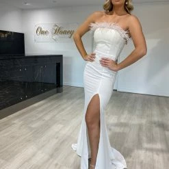 NEW ARRIVALS Honey Couture NARDIA White Feather Strapless Mermaid Evening Gown Dress