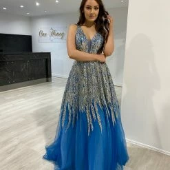 Honey Couture VIANNE Peacock Blue Glitter Tulle Formal Dress NEW ARRIVALS