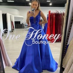 Honey Couture JOSIE Cobalt Blue Beaded Ball Gown Formal Dress