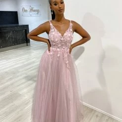 Honey Couture DEMIKA Blush Pink 3D Flowers Tulle Formal Gown Dress NEW ARRIVALS