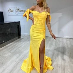 Honey Couture BELLE Yellow Off Shoulder Mermaid Formal Dress NEW ARRIVALS