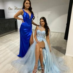 NEW ARRIVALS Honey Couture SASHA Royal Blue Satin Corset Leg Split Formal Dress