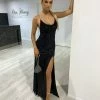Honey Couture CELESTE Black Diamante Strap Sequin Lace Up Formal Dress