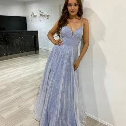 Honey Couture LIVIA Baby Blue Silver Glitter Ball Gown Formal Dress
