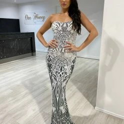 Honey Couture CIENNA White Silver & Black Lace Up Mermaid Formal Dress