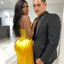 NEW ARRIVALS Honey Couture GIGI Neon Yellow Corset Sparkle Bustier Strapless Mermaid Formal Gown Dress