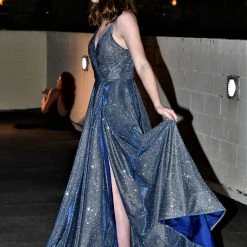 Honey Couture Made To Your Measurements NEW ARRIVALS Honey Couture TAHLIA Glitter Fabric Lace Up Back Formal Dress