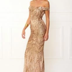 NEW ARRIVALS Honey Couture HAILEY Rose Gold Sheer Sequin Off Shoulder Evening Gown Dress