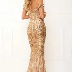 NEW ARRIVALS Honey Couture HAILEY Rose Gold Sheer Sequin Off Shoulder Evening Gown Dress