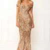 NEW ARRIVALS Honey Couture HAILEY Rose Gold Sheer Sequin Off Shoulder Evening Gown Dress