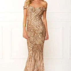 NEW ARRIVALS Honey Couture HAILEY Rose Gold Sheer Sequin Off Shoulder Evening Gown Dress