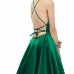 NEW ARRIVALS Honey Couture SHERRI Emerald Green Lace Up Back Satin Formal Gown