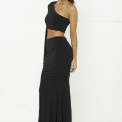 Honey Couture HARPER Black One Shoulder Drape Sleeve Crop Top And Skirt Set NEW ARRIVALS
