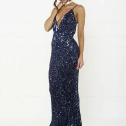 Honey Couture ROSALIE Blue Low Back Sequin Formal Gown Dress NEW ARRIVALS